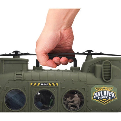 Olive toy helicopter side with Soldier Force badge and hand holding handle