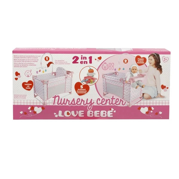 2-in-1 nursery center baby bed playpen packaging, pink patterned sides