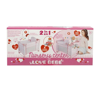 2-in-1 nursery center baby bed playpen packaging, pink patterned sides