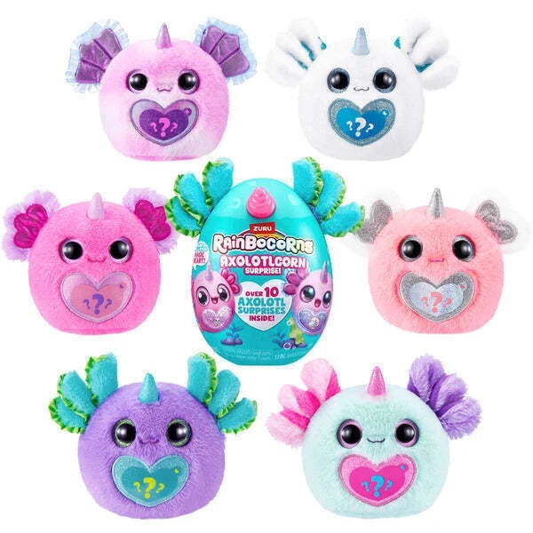 Colorful plush surprise animal toys with embroidered hearts and question marks; includes capsule