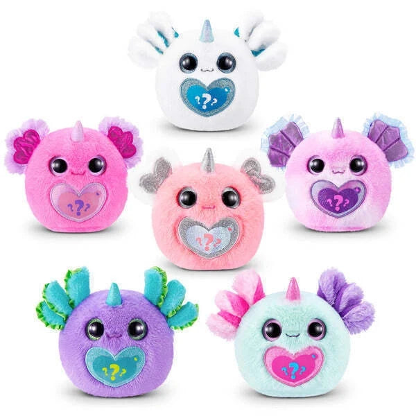 Set of six colorful plush surprise animal toys with question-mark heart faces and soft wings