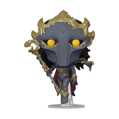 Blue hooded Champion Viktor vinyl figure with gold horned headpiece and yellow eyes on stand