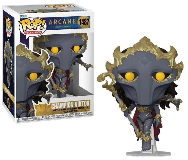 Boxed vinyl collectible of Champion Viktor: blue hood, gold horned headpiece, yellow eyes, stand