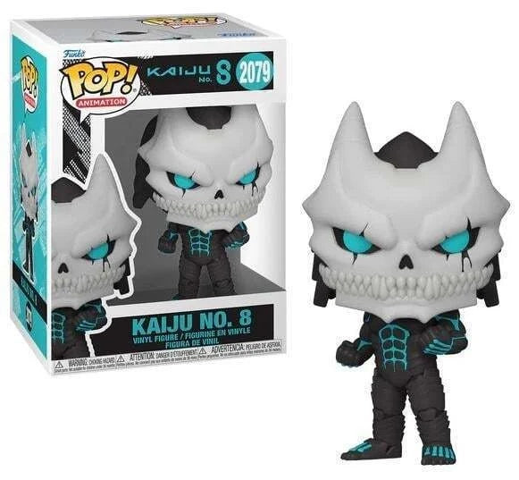 Kaiju No. 8 vinyl figure, gray skull with blue glowing eyes and black outfit