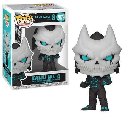 Kaiju No. 8 vinyl figure, gray skull with blue glowing eyes and black outfit