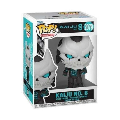Boxed Kaiju No. 8 vinyl figure, gray skull head with blue glowing eyes
