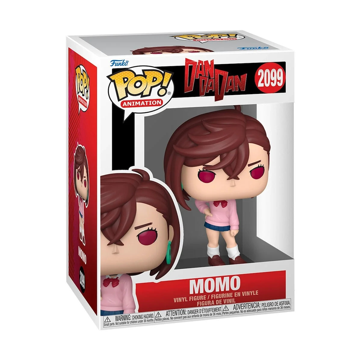 In-box vinyl figure packaging featuring Momo Ayase, maroon hair, pink outfit