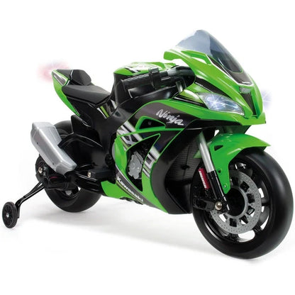 Green and black electric racing motorcycle with front headlight and fairing, on wheels