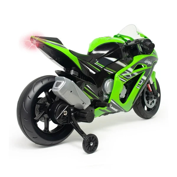 Green and black electric racing motorcycle, side view with exhaust and front wheel