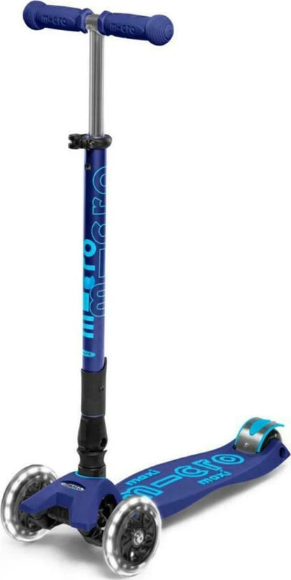 Navy foldable kick scooter with blue handlebar, steel stem, and front deck wheels