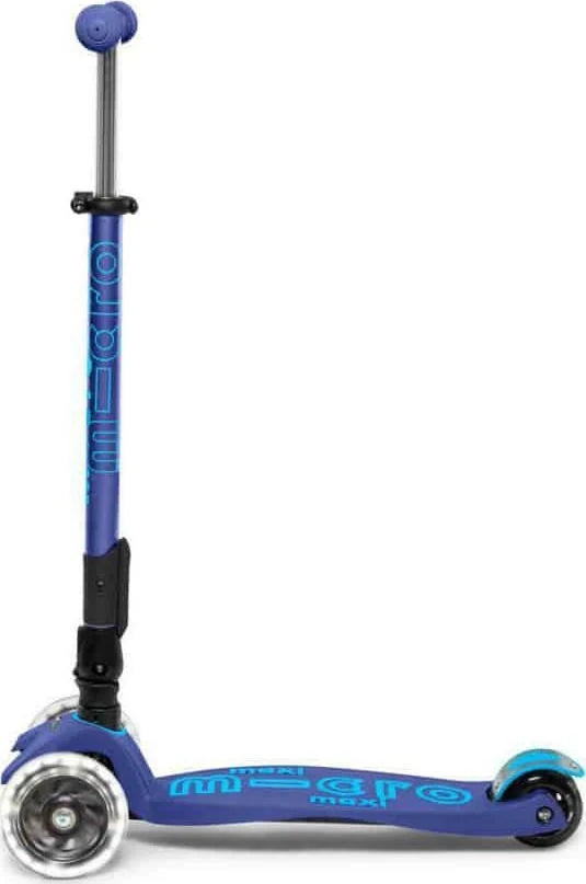 Navy foldable kick scooter side view with blue deck, front wheel, and rear wheels
