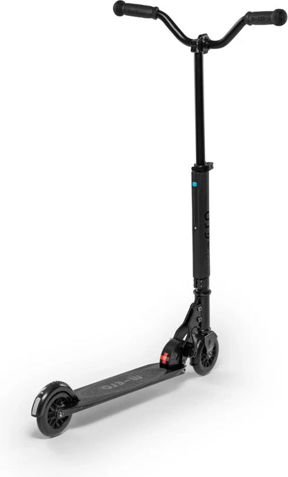 Black folding scooter with curved handlebars and glowing LED deck lights
