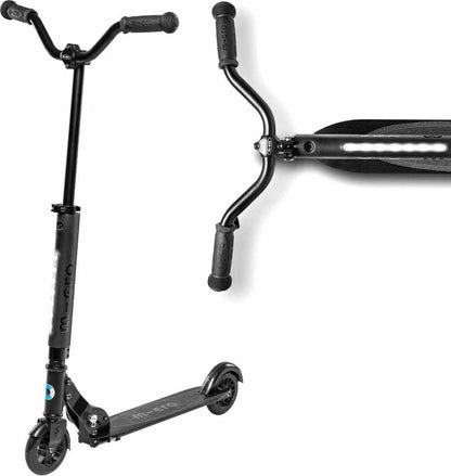 Black folding scooter with front wheel, kickstand, and LED lights on the deck