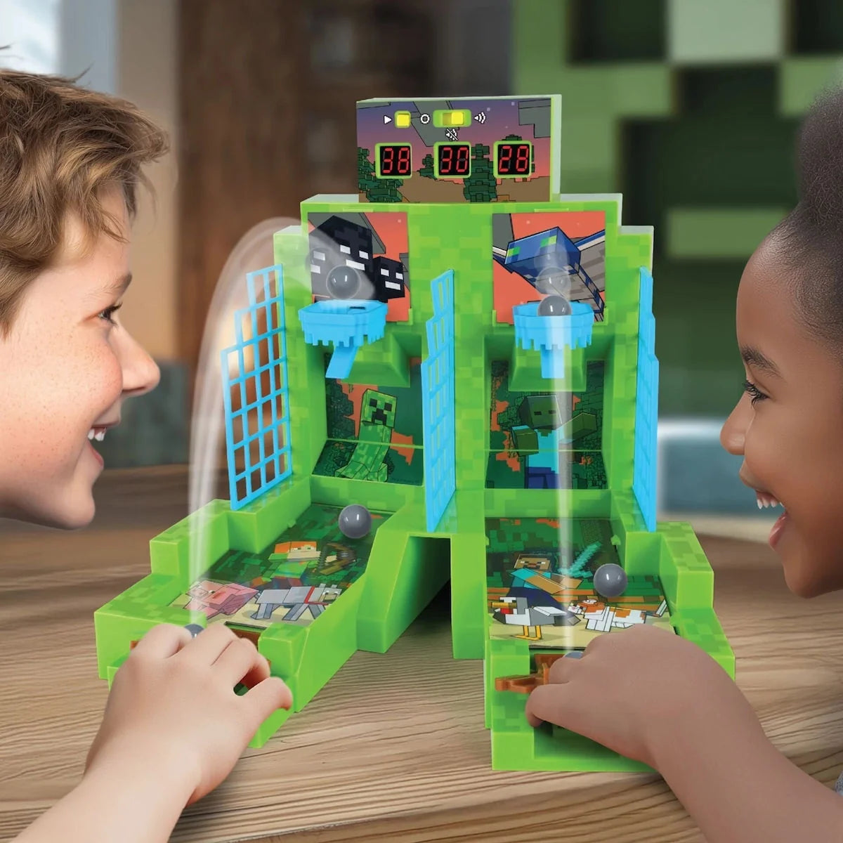 Arcade basketball toy set with green plastic court, blue goal hoops, and two figures