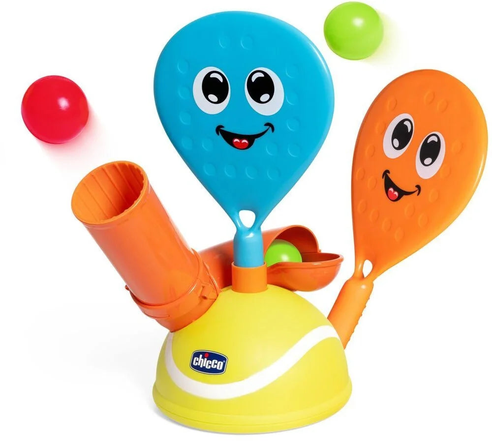 Children's electric padel game set with blue and orange paddles and green balls