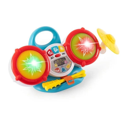 Kids first drum kit toy with two light-up drum pads and yellow drumsticks
