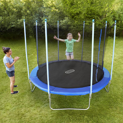 Trampoline with blue edge pad, black mat, and white legs with springs