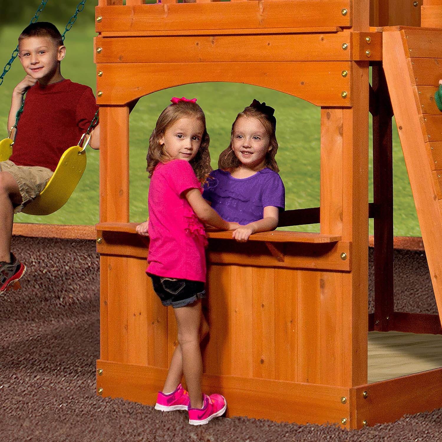 Wood playhouse window opening and yellow bucket swing seat