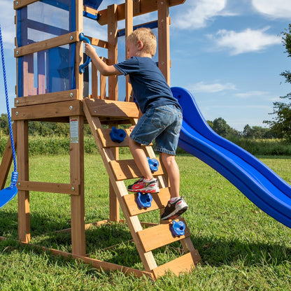Cedar play fort ladder and blue slide with climbing steps and blue grips