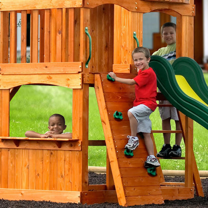 Wood playhouse with green slide, arched handle and climbing ladder