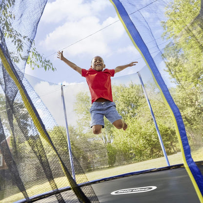 Trampoline black jumping mat inside blue safety enclosure with oval logo