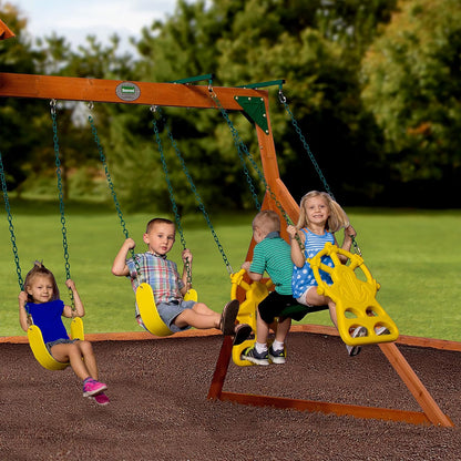 Wood playhouse swing set with green slide and two hanging swings
