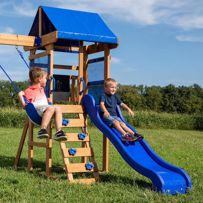 Cedar play centre with blue slide and step ladder, blue canopy over fort