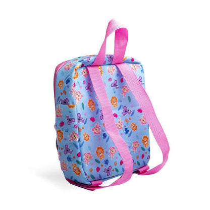 Light blue cartoon print beauty bag with pink zipper and adjustable shoulder strap