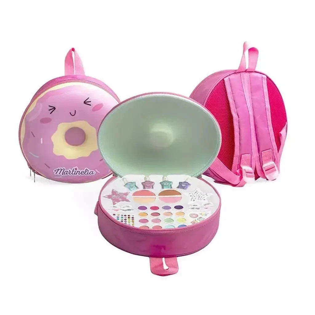 Pink donut-shaped mini backpack with character face, side pocket, and open top compartment