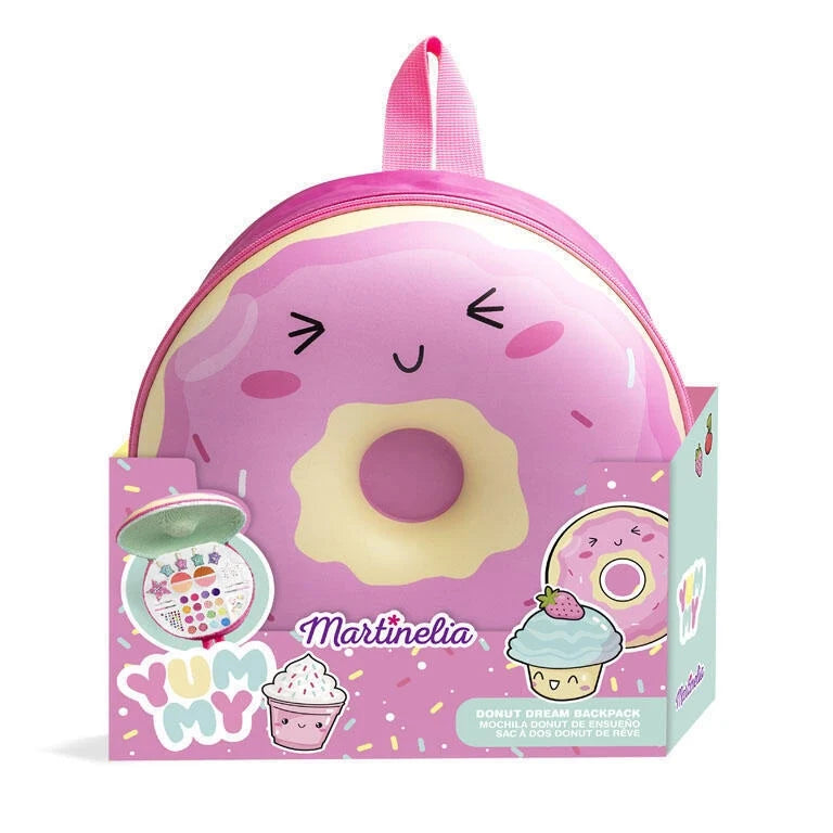 Pink donut-shaped mini backpack with cute face graphic, front zipper pocket, Martinelia logo