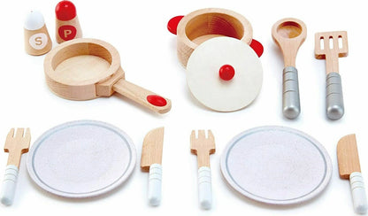 Wooden kids cook and serve set with pot, lid, plates, and red-handled utensils