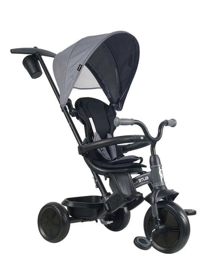 Gray and black tricycle stroller with canopy, front bar, and padded seat