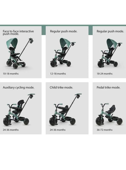 Child tricycle with green canopy in multiple push-trike configurations