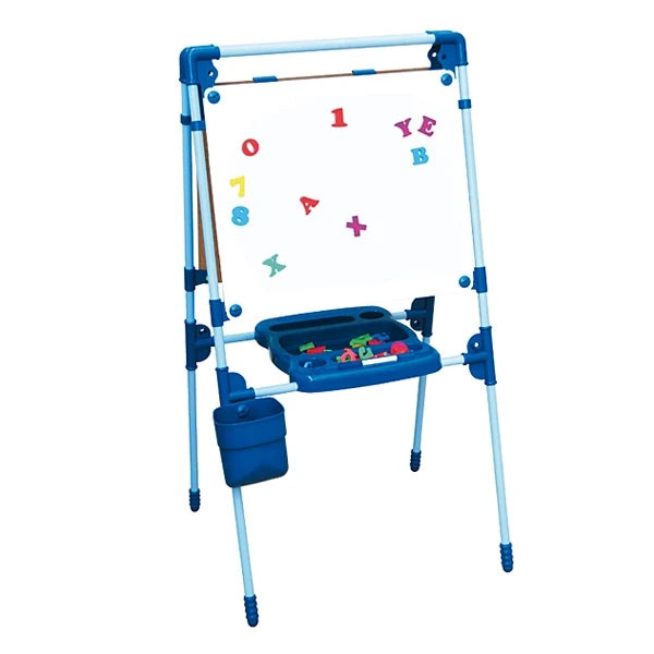Blue double-sided magnetic board with white writing surface, letters and small tray
