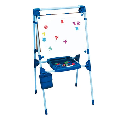 Blue double-sided magnetic board with white writing surface, letters and small tray