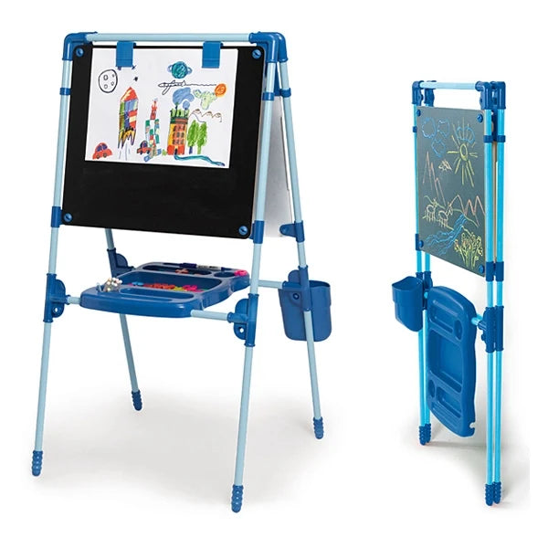 Blue double-sided magnetic board, blackboard side plus shown reverse chalk-style side
