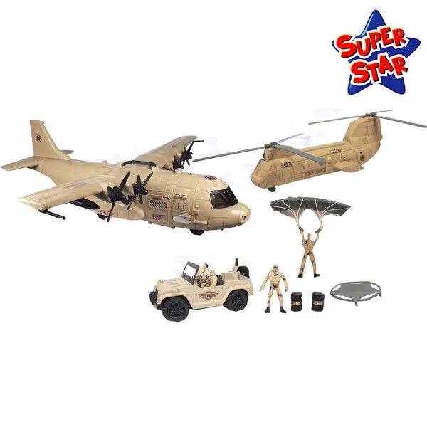 Tan toy military aircraft set with parachute, figures, and support vehicle