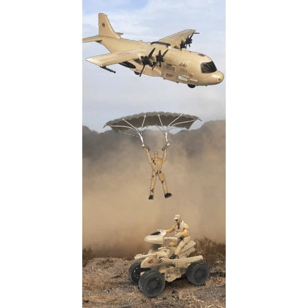Tan toy military aircraft with open parachute and mini soldier on quad vehicle