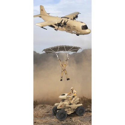 Tan toy military aircraft with open parachute and mini soldier on quad vehicle