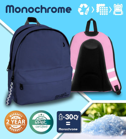 MUST monochrome backpack, dark navy front view with zip pocket and side straps