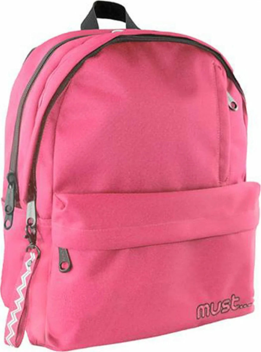 Monochrome light red backpack with black straps, front pocket, and 4 compartments
