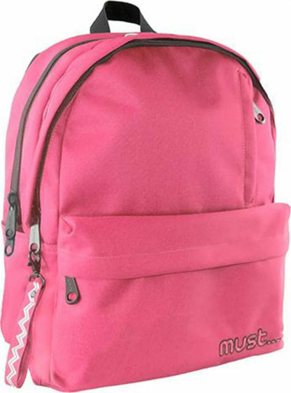 Monochrome light red backpack with black straps, front pocket, and 4 compartments