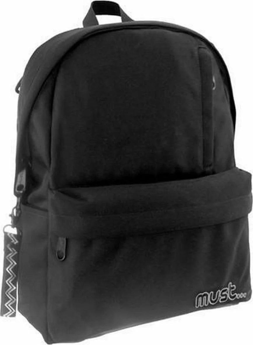 Black monochrome backpack with front pocket and must logo patch