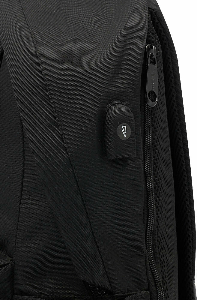 Black backpack side close-up with zipper and must logo pull tab