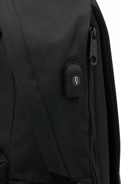Black backpack side close-up with zipper and must logo pull tab