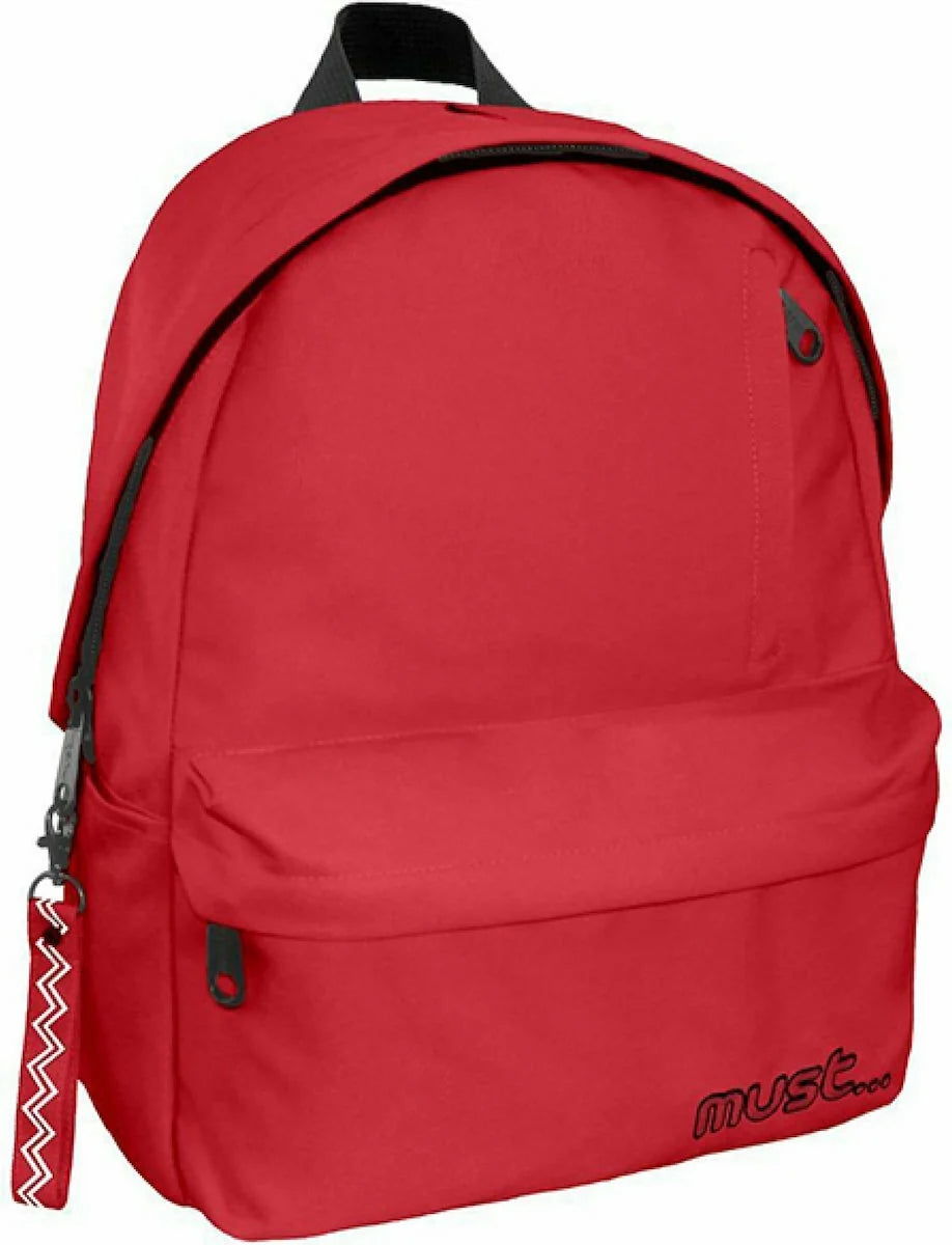 Red monochrome backpack with front pocket and MUST logo, padded shoulder straps