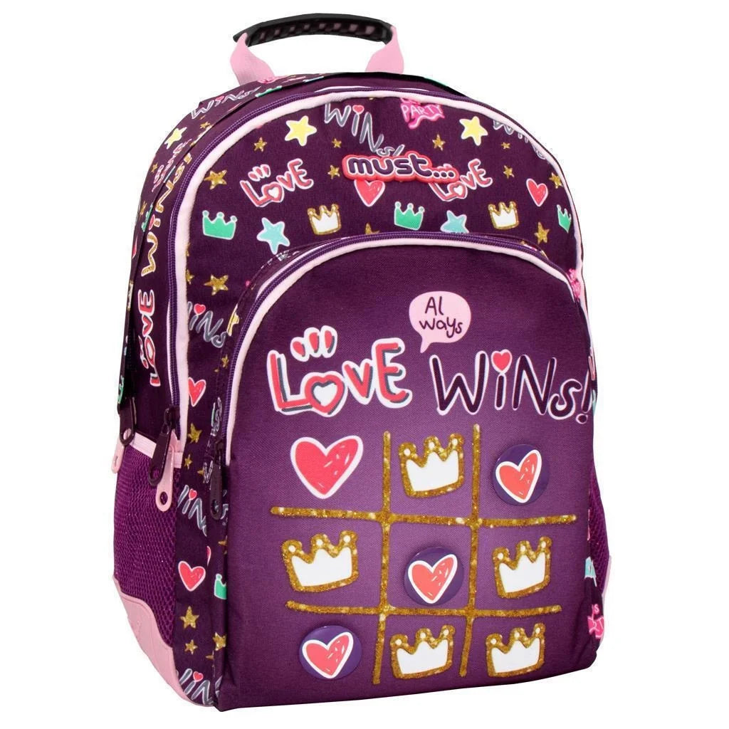 MUST Energy backpack in dark purple with Love Wins hearts and crowns print, 3 compartments