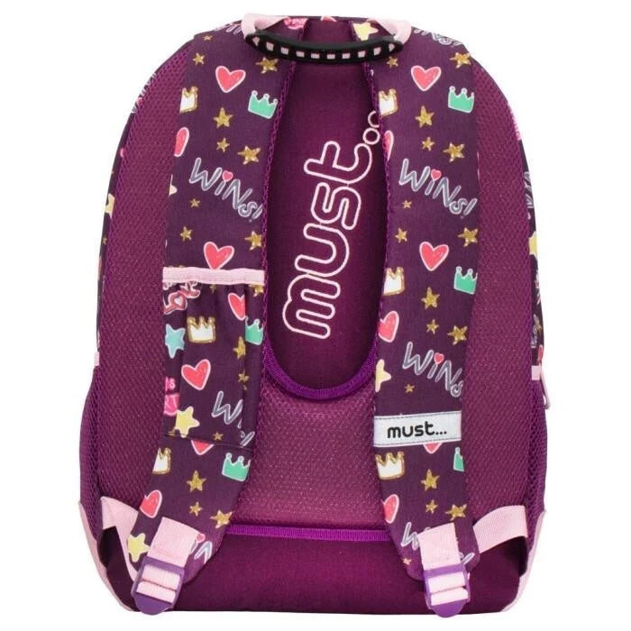 MUST Energy backpack back view, dark purple with Love Wins print and padded adjustable straps