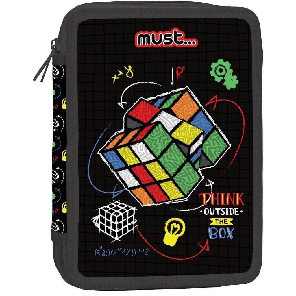 Black pencil case with MUST logo and colorful cube pattern, zip top