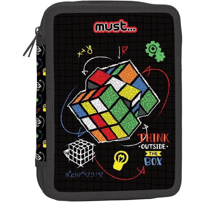 Black pencil case with MUST logo and colorful cube pattern, zip top